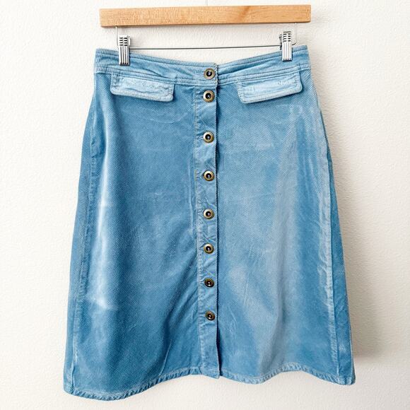 BY ANTHROPOLOGIE | Sky Blue Corduroy Button Front Skirt A-line Pockets | Size 6 - Picture 2 of 8